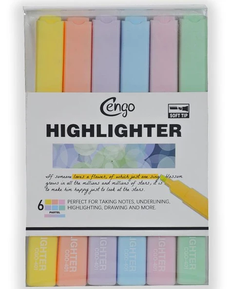 Cengo Kare Tipi Highlighter Fosforlu Kalem Pastel Renkler 6lı Set CGO401