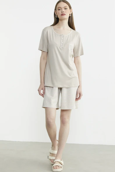 Marine Detaylı Çizgili Şortlu Takım - Vizon - Resim 2