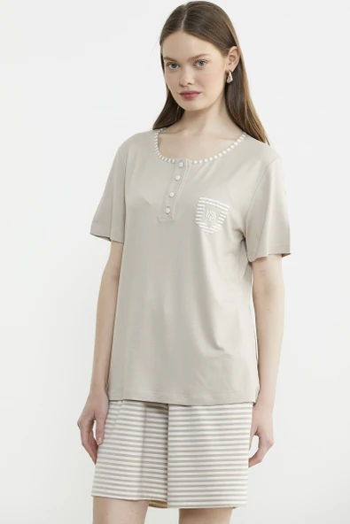 Marine Detaylı Çizgili Şortlu Takım - Vizon - Resim 4