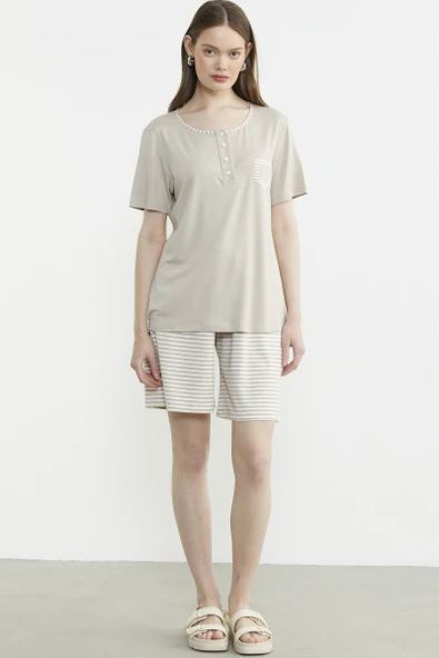 Marine Detaylı Çizgili Şortlu Takım - Vizon ürün görseli