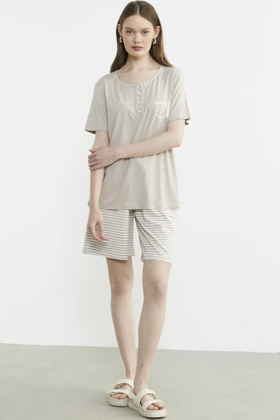 Marine Detaylı Çizgili Şortlu Takım - Vizon - Resim 3