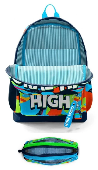 Coral High İlkokul Erkek Çocuklarına Özel Dört Gözlü Sırt Çantası ve Kalemlik Seti- Lacivert Mavi Grafiti - Resim 2