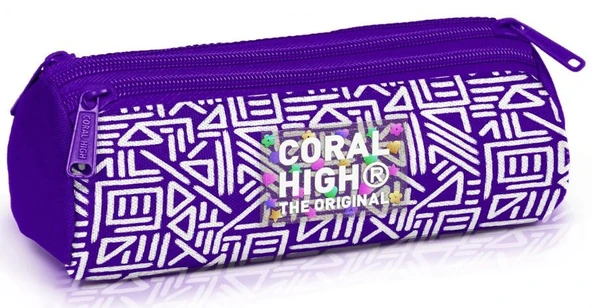 Coral High Kız Çocuk Mor Beyaz Geometrik Şeklli Üç Bölmeli Okul Kalem Çantası ürün görseli