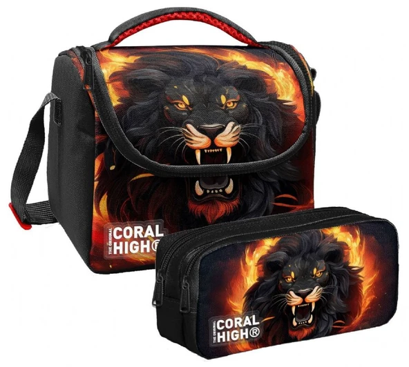Coral High Erkek Çocuk Siyah Kükreyen Aslan Thermo Beslenme Çantası ve İki  Bölmeli Kalemlik Seti ürün görseli