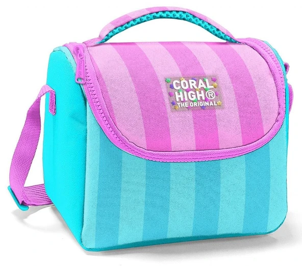 Coral High İlkokul Kız Çocuk Okul Beslenme Çantası, Turkuaz Pembe Çizgili, Termoslu (Isı Yalıtımlı)