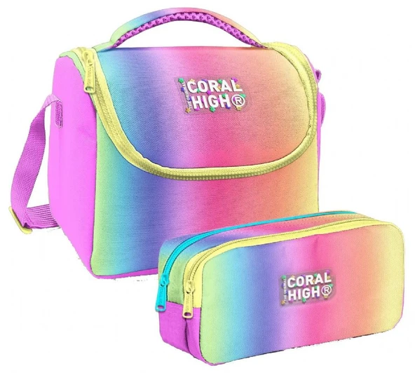 Coral High Kız Çocuk Lacivert Mavi Çizgi Desenli Thermo Beslenme Çantası ve İki  Bölmeli Kalemlik Seti ürün görseli