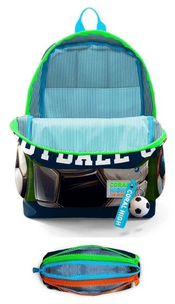 Coral High İlkokul Erkek Çocuklarına Özel Dört Gözlü Sırt Çantası ve Kalemlik Seti- Lacivert Yeşil Futbol - Resim 2