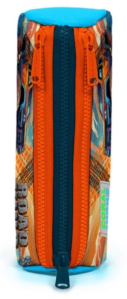 Coral High Mavi Turuncu Renkli Arazi Aracı Baskılı Erkek Çocuk Üç Gözlü Kalem Çantası - Resim 2