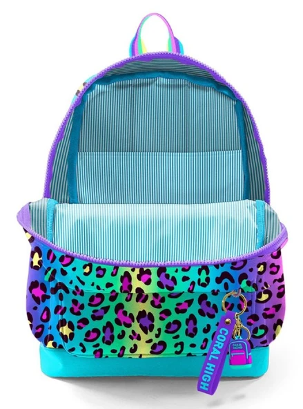 Coral High Dört Bölmeli Kız Çocuk İlkokul 1-2-3-4. Sınıf Okul Sırt Çantası - Mor Yeşil Leopar - 3