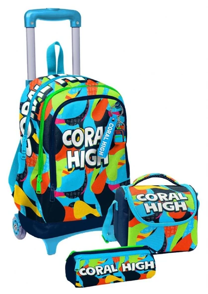 Coral High Çekçek Tekerlekli Erkek Çocuk, Lacivert Mavi Grafiti, İlkokul Üçlü Okul Çanta Seti