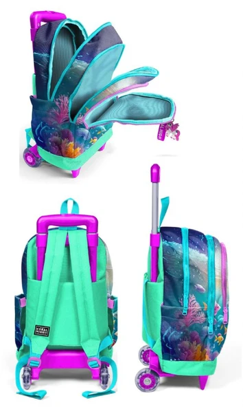 Coral High Çekçek Tekerlekli Kız Çocuk, Su Yeşili Denizatı, İlkokul Üçlü Okul Çanta Seti - Resim 2