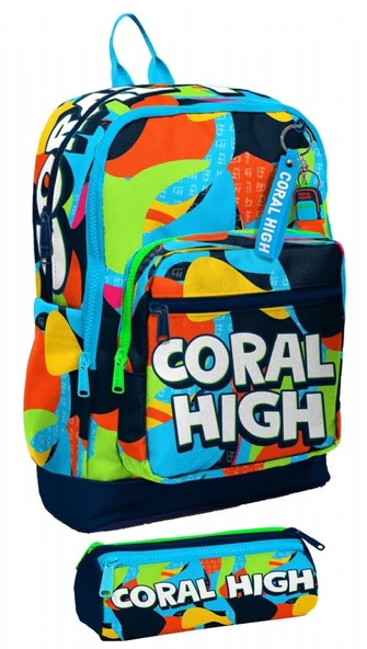 Coral High İlkokul Erkek Çocuklarına Özel Dört Gözlü Sırt Çantası ve Kalemlik Seti- Lacivert Mavi Grafiti ürün görseli