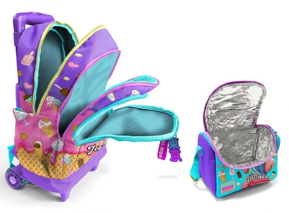 Coral High Işıklı Tekerlekli Çekçek Okul Çanta + Isı Yalıtımlı Beslenme Çantası - Kız Çocuk - Lila Turkuaz Dondurmalı Kız - Resim 2