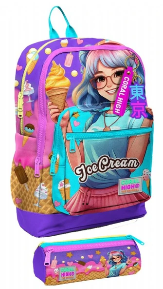 Coral High İlkokul Kız Çocuklarına Özel Dört Gözlü Sırt Çantası ve Kalemlik Seti- Lila Turkuaz Dondurmalı Kız ürün görseli