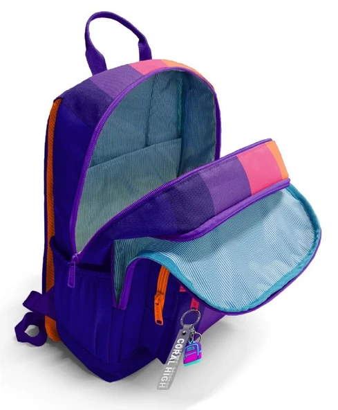 Coral High İlkokul ve Ortaokul Sırt Çantası - Kız Çocuk, Mor Turuncu Renkli Çizgili Baskılı, Dört Bölmeli - Resim 3