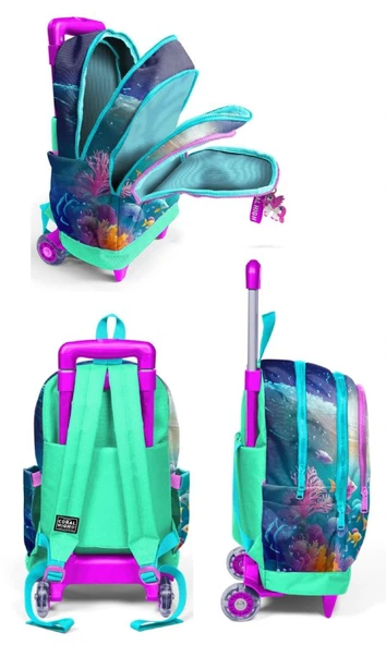 Coral High Çekçek Tekerlekli Kız Çocuk, Lila Turkuaz Dondurmalı Kız, İlkokul Üçlü Okul Çanta Seti - Resim 2