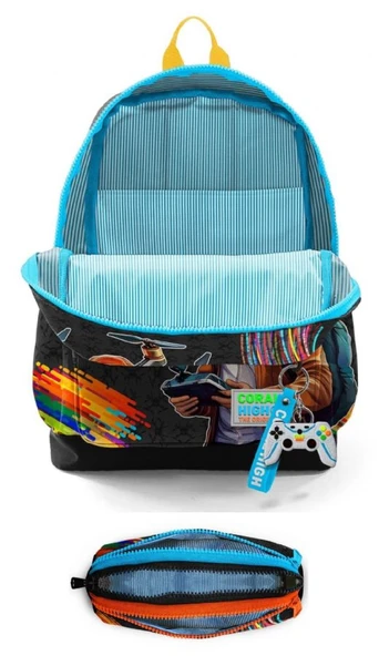 Coral High İlkokul Erkek Çocuklarına Özel Dört Gözlü Sırt Çantası ve Kalemlik Seti- Siyah Drone Pilotu - Resim 2