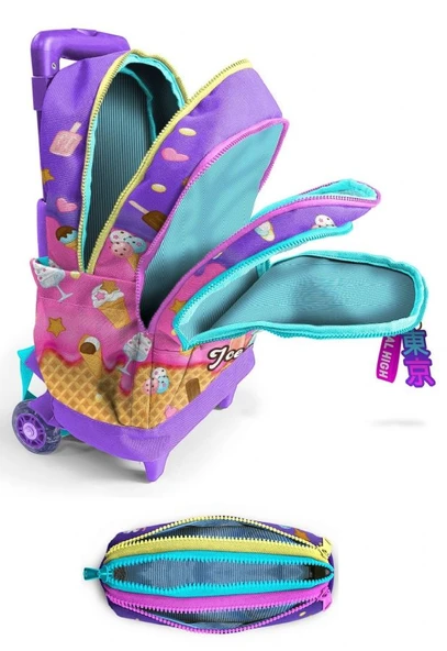 Coral High Işıklı Tekerlekli Kız Çocuk, Lila Turkuaz Dondurmalı Kız Baskılı, İlkokul Çekçek Çanta ve Kalemlik Seti - Resim 2