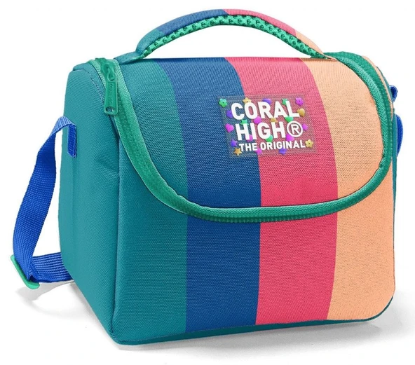 Coral High İlkokul Kız Çocuk Okul Beslenme Çantası, Yeşil Mavi Pembe Renkli Çizgili, Termoslu (Isı Yalıtımlı) ürün görseli