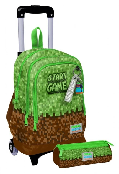 Coral High Işıklı Tekerlekli Erkek Çocuk, Yeşil Kahverengi Craft Baskılı, İlkokul Çekçek Çanta ve Kalemlik Seti