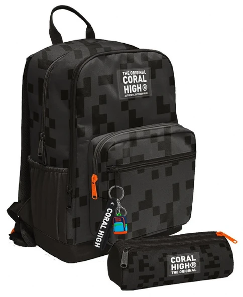 Coral High Erkek Çocuk Dört Gözlü Okul Sırt Çantası ve  Kalemlik Seti - Siyah Blok Desenli - İlkokul ve Ortaokul İçin Uygun ürün görseli