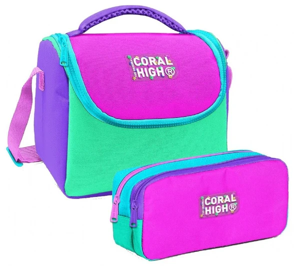 Coral High Kız Çocuk Pembe Yeşil Çok Renkli Thermo Beslenme Çantası ve İki Bölmeli Kalemlik Seti ürün görseli