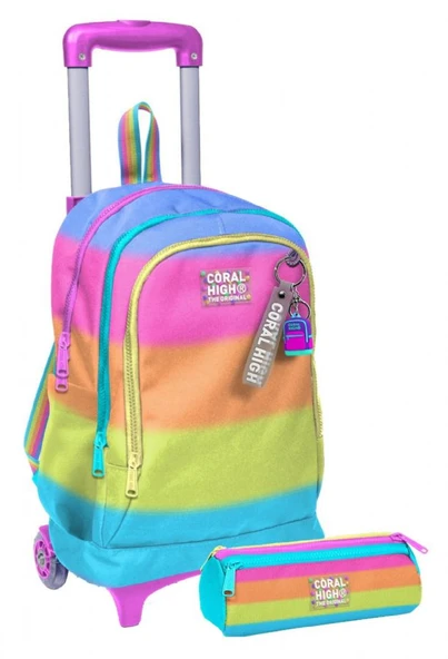 Coral High Işıklı Tekerlekli Kız Çocuk, Pembe Turuncu Renk Geçişli Baskılı, İlkokul Çekçek Çanta ve Kalemlik Seti