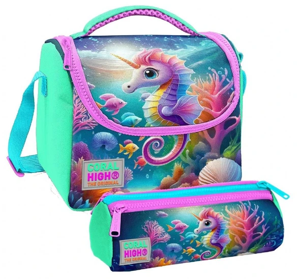 Coral High Kız Çocuk Su Yeşili Denizatı Thermo Beslenme Çantası ve Üç Bölmeli Kalemlik Seti ürün görseli
