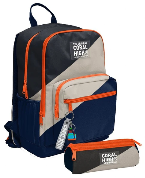 Coral High Erkek Çocuk Dört Gözlü Okul Sırt Çantası ve  Kalemlik Seti - Lacivert Bej Renkli Çizgili - İlkokul ve Ortaokul İçin Uygun ürün görseli