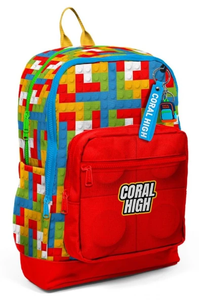 Coral High Dört Bölmeli Kız ve Erkek Çocuk İlkokul 1-2-3-4. Sınıf Okul Sırt Çantası - Kırmızı Yapı Blokları - 1