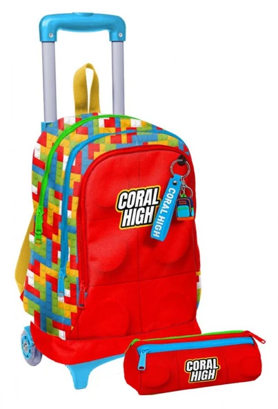 Coral High Işıklı Tekerlekli Erkek Çocuk, Kırmızı Yapı Blokları Baskılı, İlkokul Çekçek Çanta ve Kalemlik Seti