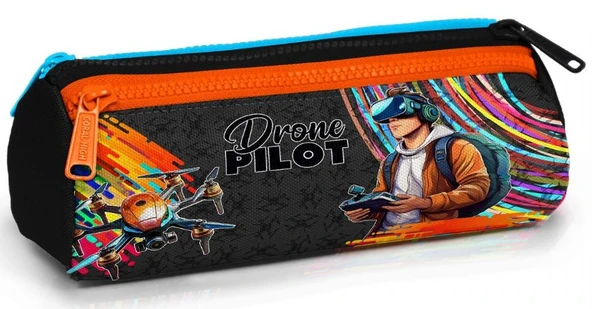 Coral High Siyah Turuncu Renk Drone Pilotu Baskılı Erkek Çocuk Üç Bölmeli Kalem Çantası ürün görseli