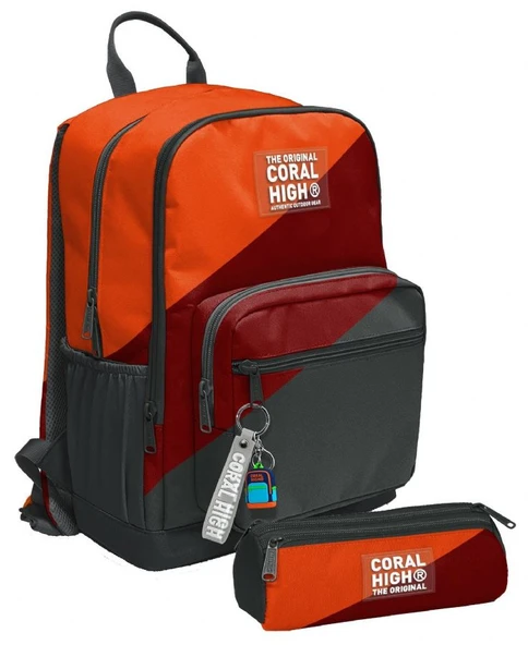 Coral High Erkek Çocuk Dört Gözlü Okul Sırt Çantası ve  Kalemlik Seti - Turuncu Bordo Gri Renkli - İlkokul ve Ortaokul İçin Uygun ürün görseli