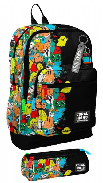 Coral High İlkokul Erkek Çocuklarına Özel Dört Gözlü Sırt Çantası ve Kalemlik Seti- Siyah Hayaletler ürün görseli