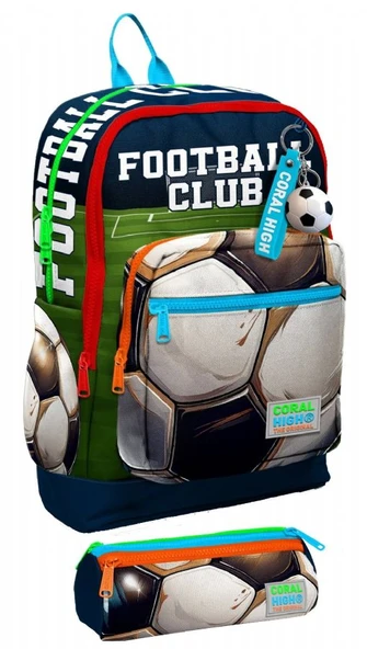 Coral High İlkokul Erkek Çocuklarına Özel Dört Gözlü Sırt Çantası ve Kalemlik Seti- Lacivert Yeşil Futbol ürün görseli