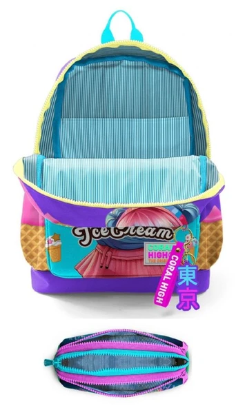 Coral High İlkokul Kız Çocuklarına Özel Dört Gözlü Sırt Çantası ve Kalemlik Seti- Lila Turkuaz Dondurmalı Kız - Resim 2