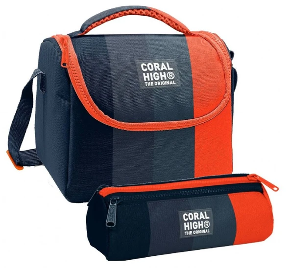 Coral High Erkek Çocuk Siyah Turuncu Renkli Çizgili Thermo Beslenme Çantası ve Üç Bölmeli Kalemlik Seti ürün görseli