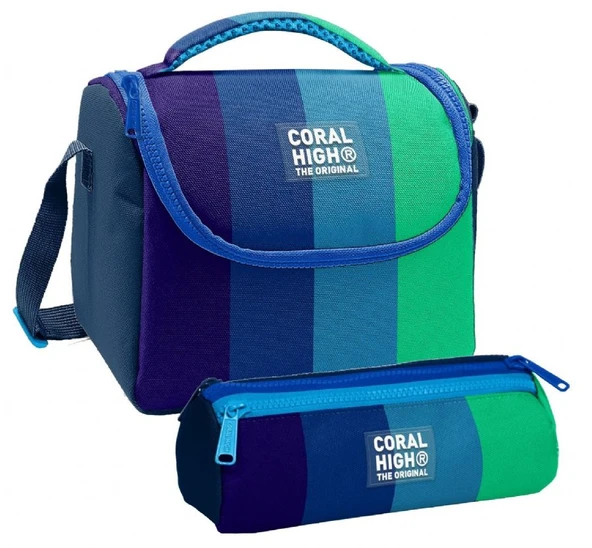 Coral High Erkek Çocuk Lacivert Yeşil Renkli Çizgili Thermo Beslenme Çantası ve Üç Bölmeli Kalemlik Seti ürün görseli