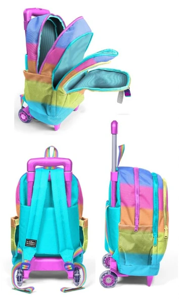 Coral High Çekçek Tekerlekli Kız Çocuk, Pembe Turuncu Renk Geçişli, İlkokul Üçlü Okul Çanta Seti - Resim 2