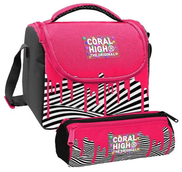 Coral High Kız Çocuk Pembe Siyah Beyaz Boya Desenli Thermo Beslenme Çantası ve Üç Bölmeli Kalemlik Seti ürün görseli
