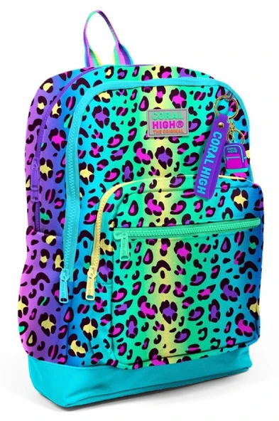 Coral High Dört Bölmeli Kız Çocuk İlkokul 1-2-3-4. Sınıf Okul Sırt Çantası - Mor Yeşil Leopar