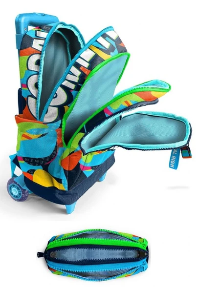 Coral High Işıklı Tekerlekli Erkek Çocuk, Lacivert Mavi Grafiti Baskılı, İlkokul Çekçek Çanta ve Kalemlik Seti - Resim 2