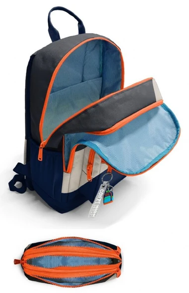 Coral High Erkek Çocuk Dört Gözlü Okul Sırt Çantası ve  Kalemlik Seti - Lacivert Bej Renkli Çizgili - İlkokul ve Ortaokul İçin Uygun - Resim 2