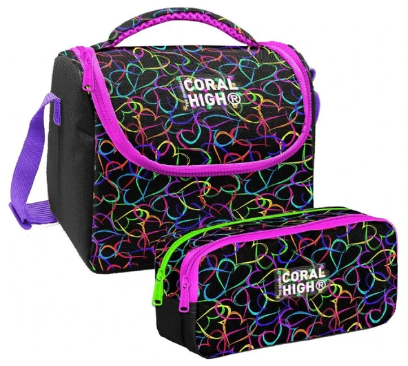 Coral High Kız Çocuk Kalp Baskılı Siyah Pembe Thermo Beslenme Çantası ve İki  Bölmeli Kalemlik Seti ürün görseli