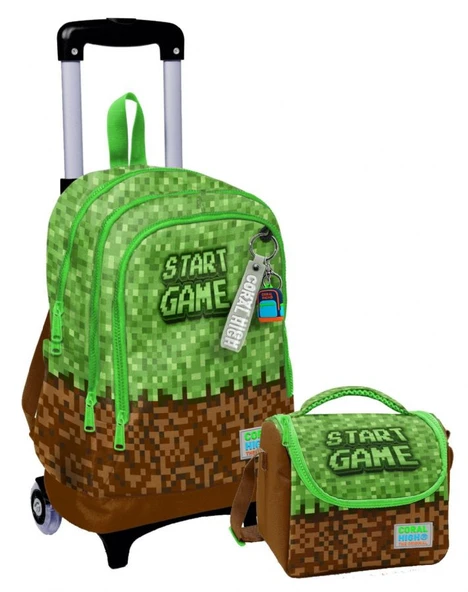 Coral High Işıklı Tekerlekli Çekçek Okul Çanta + Isı Yalıtımlı Beslenme Çantası - Erkek Çocuk - Yeşil Kahverengi Craft