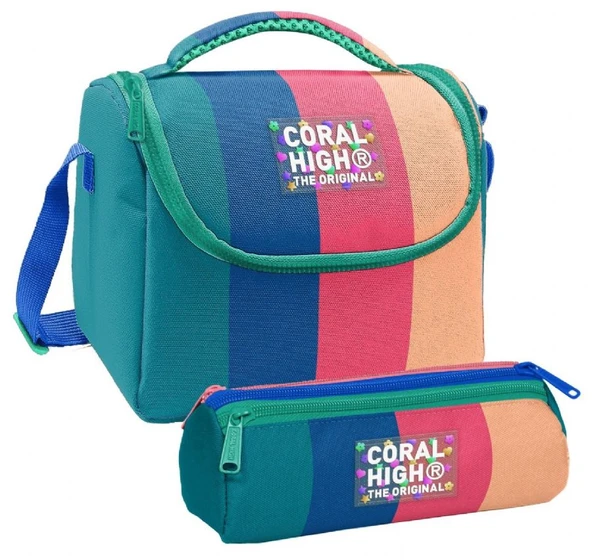 Coral High Kız Çocuk Yeşil Mavi Pembe Renkli Çizgili Thermo Beslenme Çantası ve Üç Bölmeli Kalemlik Seti ürün görseli