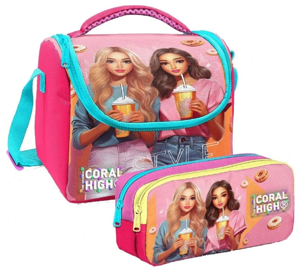 Coral High Kız Çocuk Pembe Kırmızı Fashion Girl Thermo Beslenme Çantası ve İki  Bölmeli Kalemlik Seti ürün görseli