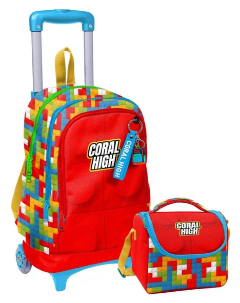 Coral High Işıklı Tekerlekli Çekçek Okul Çanta + Isı Yalıtımlı Beslenme Çantası - Erkek Çocuk - Kırmızı Yapı Blokları