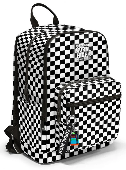 Coral High İlkokul ve Ortaokul Sırt Çantası - Kız Çocuk, Siyah Beyaz Dama Desenli, Dört Bölmeli ürün görseli