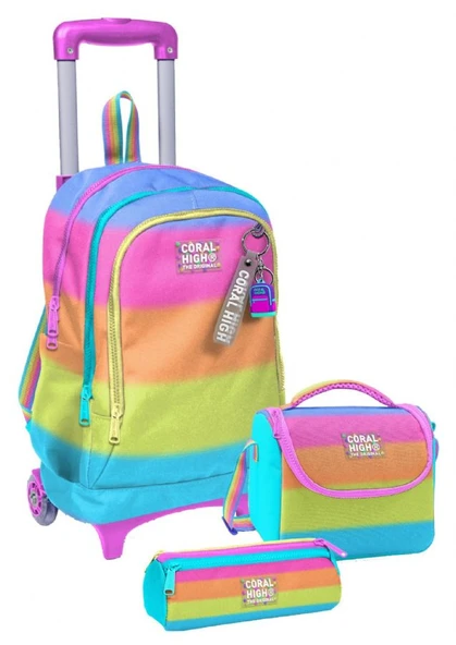 Coral High Çekçek Tekerlekli Kız Çocuk, Pembe Turuncu Renk Geçişli, İlkokul Üçlü Okul Çanta Seti ürün görseli